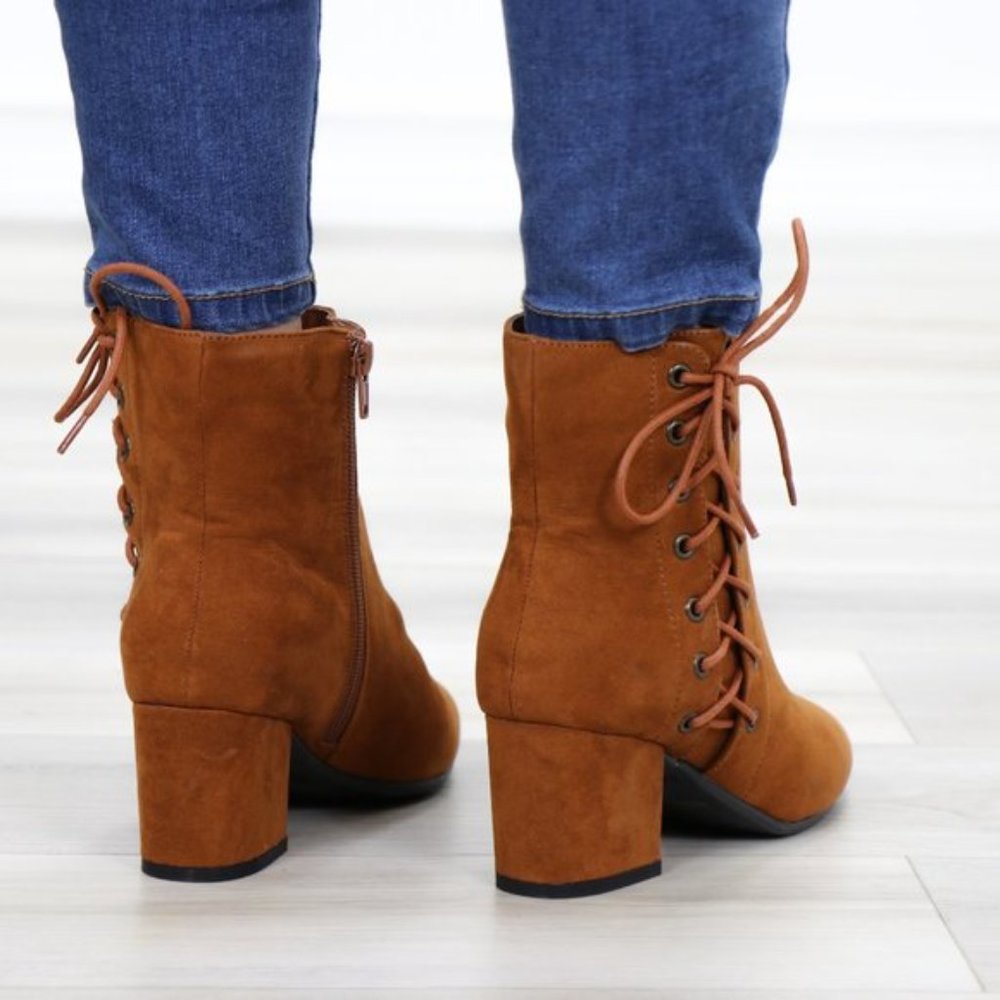 Brown Faux Suede Ankle Booties Side Laced Up - Picture 3 of 10